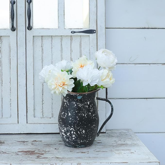 BIG FORTUNE Decorative Pitcher Vase Large Rustic Farmhouse Vase for Flowers Vintage Metal Milk Jug Vintage Decorative Pitcher Kitchen Decorations (Black)