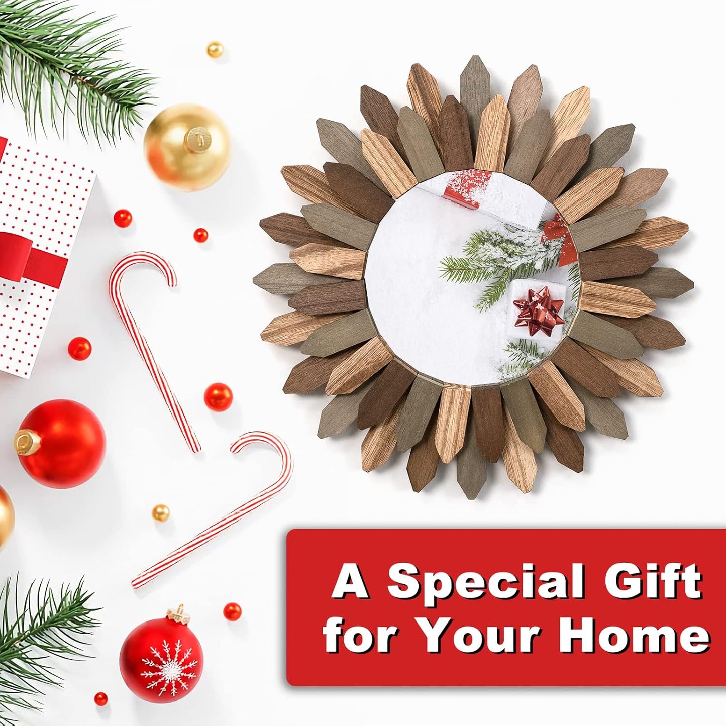 Emfogo Wall Mirror 12 inch Rustic Wood Sunburst Boho Mirror Farmhouse Wall Decor Room Decor Home Decor for Bedroom Living Room Entryway (Tri-Color)