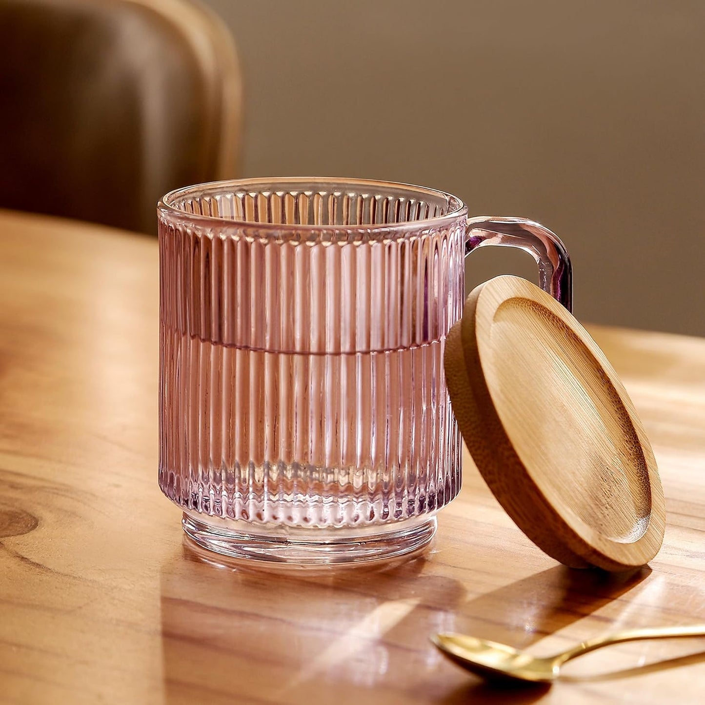 Lysenn Glass Coffee Mug with Lid - Premium Classical Vertical Stripes Glass Tea Cup - for Latte, Tea, Chocolate, Juice, Water - Lead-Free - Bamboo Lid - Amethyst Purple