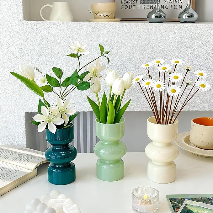 JSPYFITS Glass Hydroponic Flower Vase, 7 Inches Colored Glass Bubble Vase for Flower, Three-Layer Glassvase Funky Vase for Home/Office/Weddings/Party Table Flower Decor (Dark Green)