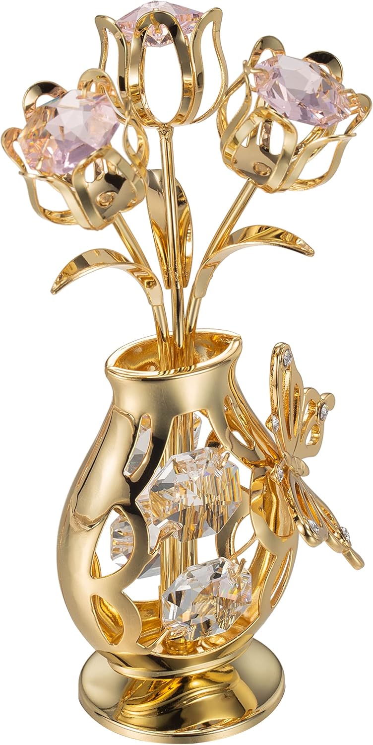 Matashi 24K Gold Plated Crystal Studded Flower Ornament in a Vase w/Decorative Butterfly (Pink Crystals) – Elegant Tabletop Showpiece, Home Decor Gift for Her, Mom, Grandma – Mothers Day, Christmas