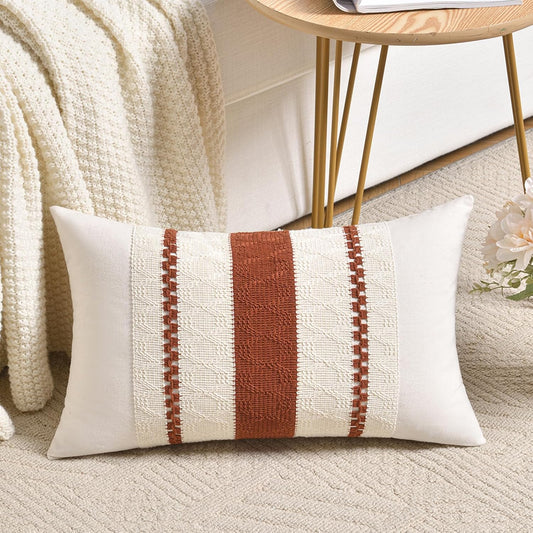 Fancy Homi Set of 1 Rust Boho Long Lumbar Decorative Throw Pillow Cover 12x20 Inch for Couch Bed Sofa, Aesthetic Modern Organic Fall Room Decor, Soft Cotton Cute Terracotta Farmhouse Cushion Case