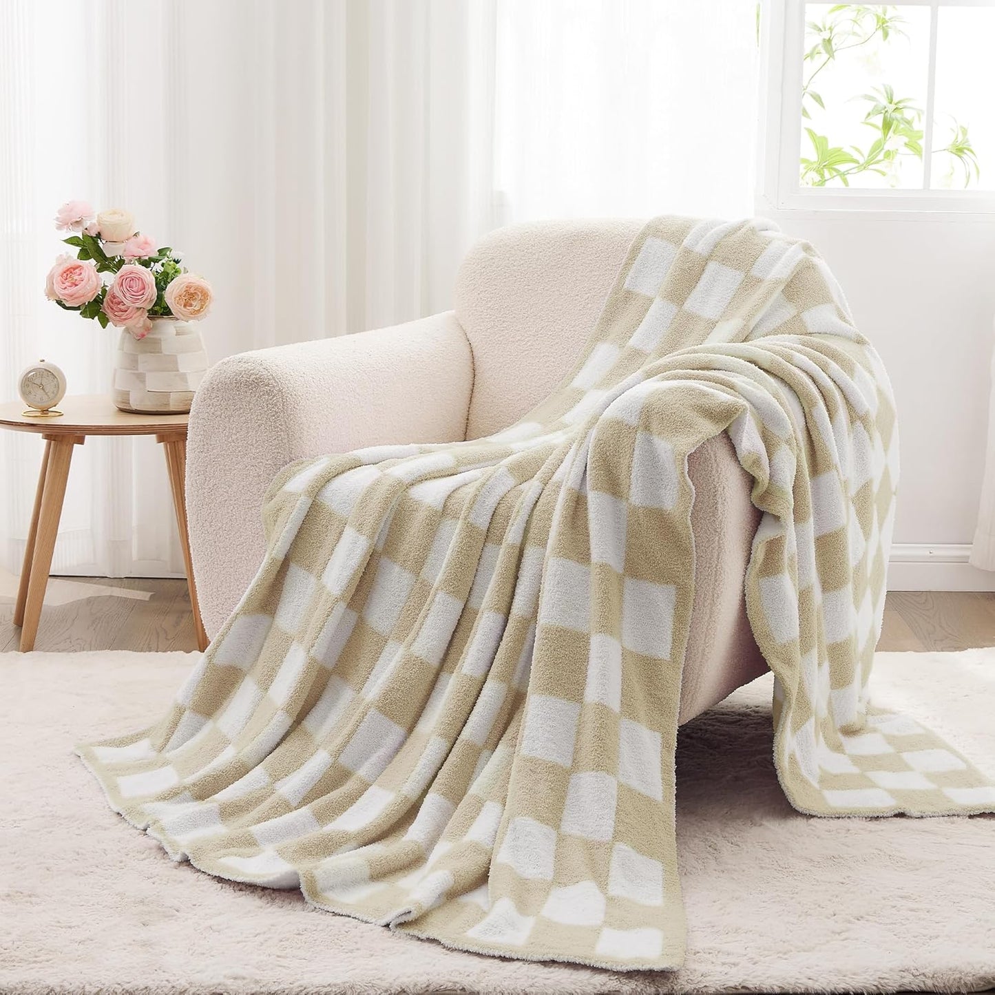 JOOJA Soft Cozy Checkerboard Beige Knit Throw Blanket for Couch Plaid Checkered 50x60 in