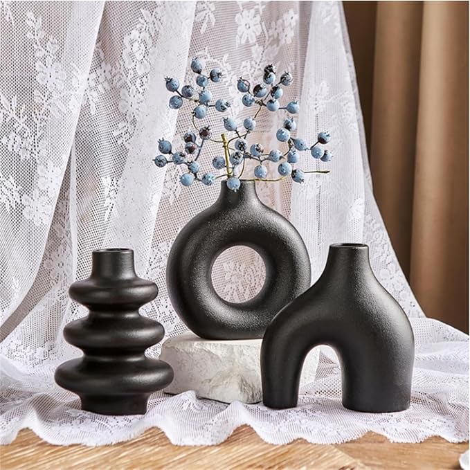 White Ceramic Vases Set of 3, Minimalist Nordic Modern Style, Round Donut Vase for Dried Flowers, Pampas Grass & Fresh Blooms,Boho Home Decor for Table Shelf Living Room Office (Black)