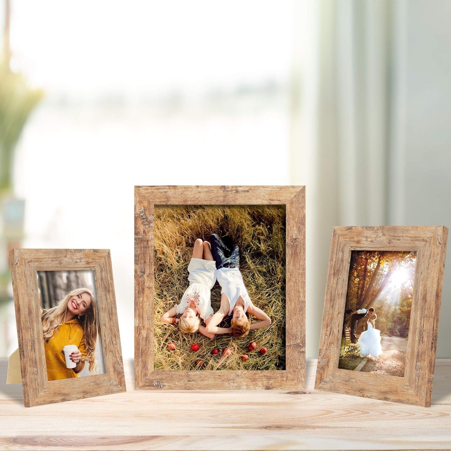 iRahmen 4x6 Picture Frame Set of 4, High Definition Real Glass Rustic Brown Frame, 4 x 6 Wood Photo Frames for Tabletop Display and Wall Mounting