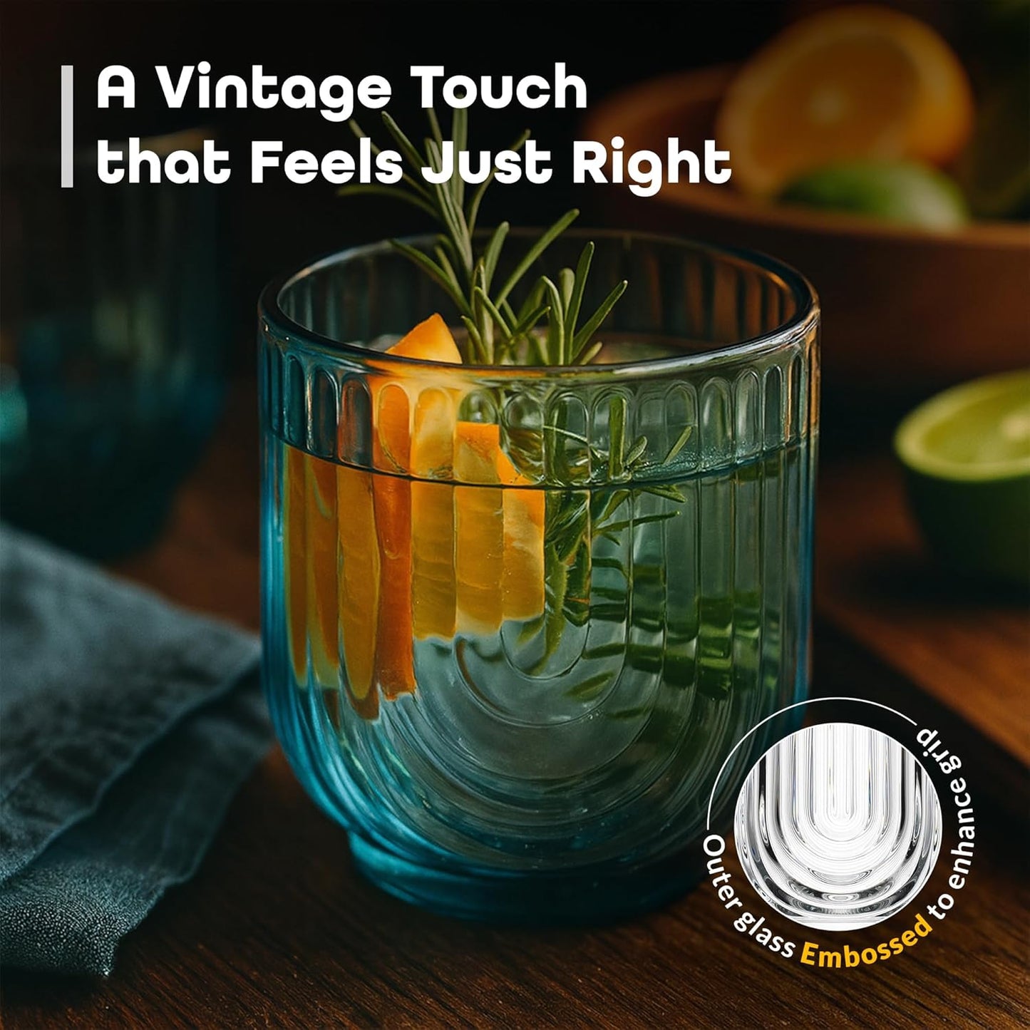 Glaver's Vintage Glassware Art Deco Glasse Ribbed Drinking Glasses U-Shape Arch Design Colored Cocktail Kitchen Tumblers Everyday Dinner Decorative Party, Blue (Blue S/4 11oz)