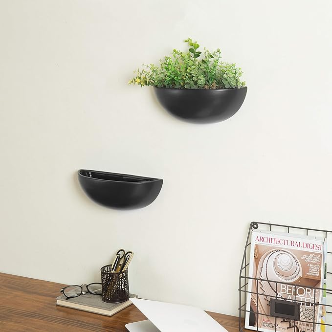 MyGift Matte Black Ceramic Indoor Wall Planter, 12 Inch Semi Circle Hanging Wall Vase, Set of 2