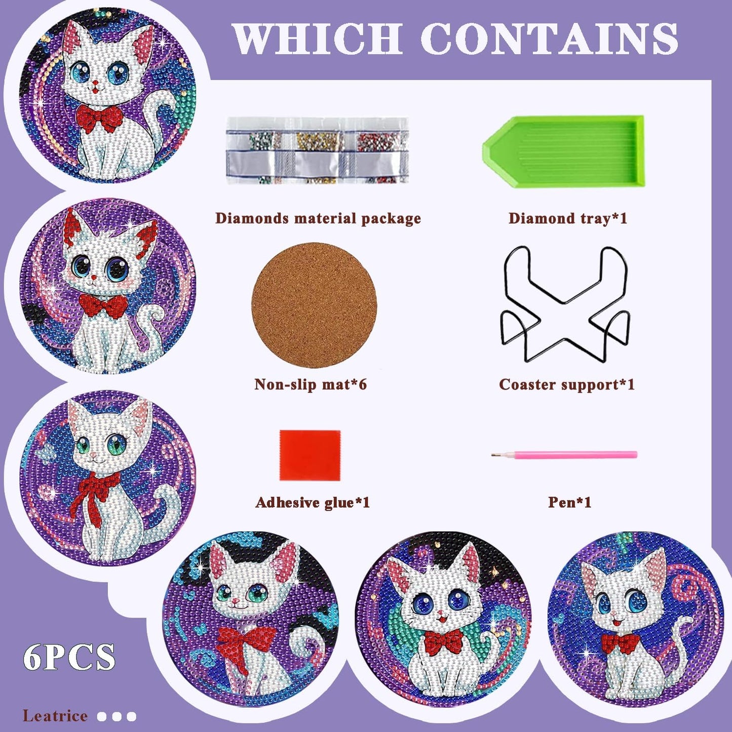 Leatrice 6PCS Cat Diamond Art Coasters Small Diamond Painting Kits for Adults Diamond Dots Round Full Drill Diamond Coasters with Holder Easy Art Crafts for Beginners Women