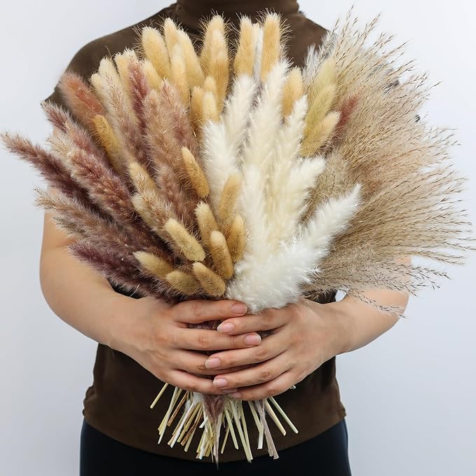 xin's convey 110pcs Dried Pampas Grass, (Vase Not Included),Dried Flower Bouquet, Reed Grass Bouquet for Boho Floral Home, Wedding Party Centerpiece, Rustic Farmhouse Decoration.(Brown)