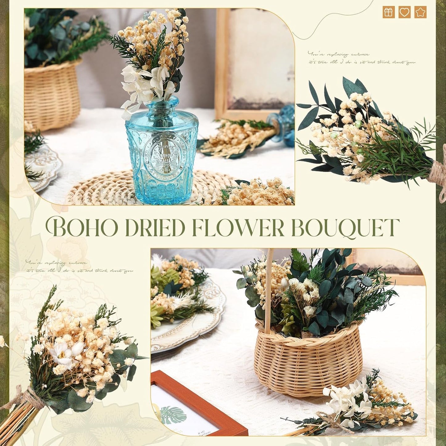 Layhit 24 Pcs Boho Dried Flower Bouquet Mini Wedding Handmade Dry Flowers Decor for Vase Crafts DIY Photo Boutonniere for Men Floral Plant for Bridesmaid Gift Birthday Decor(Greenery)