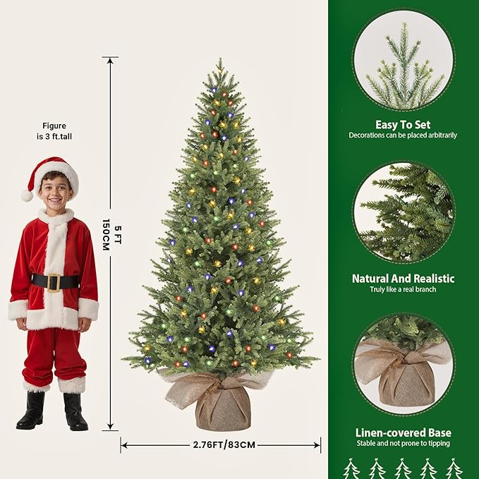 5ft Prelit Artificial Small Mini Christmas Tree with Color LED Lights, Remote Control and Timer, Perfect for Xmas Decorations, Home, Kitchen, Dining Table top, 5FT