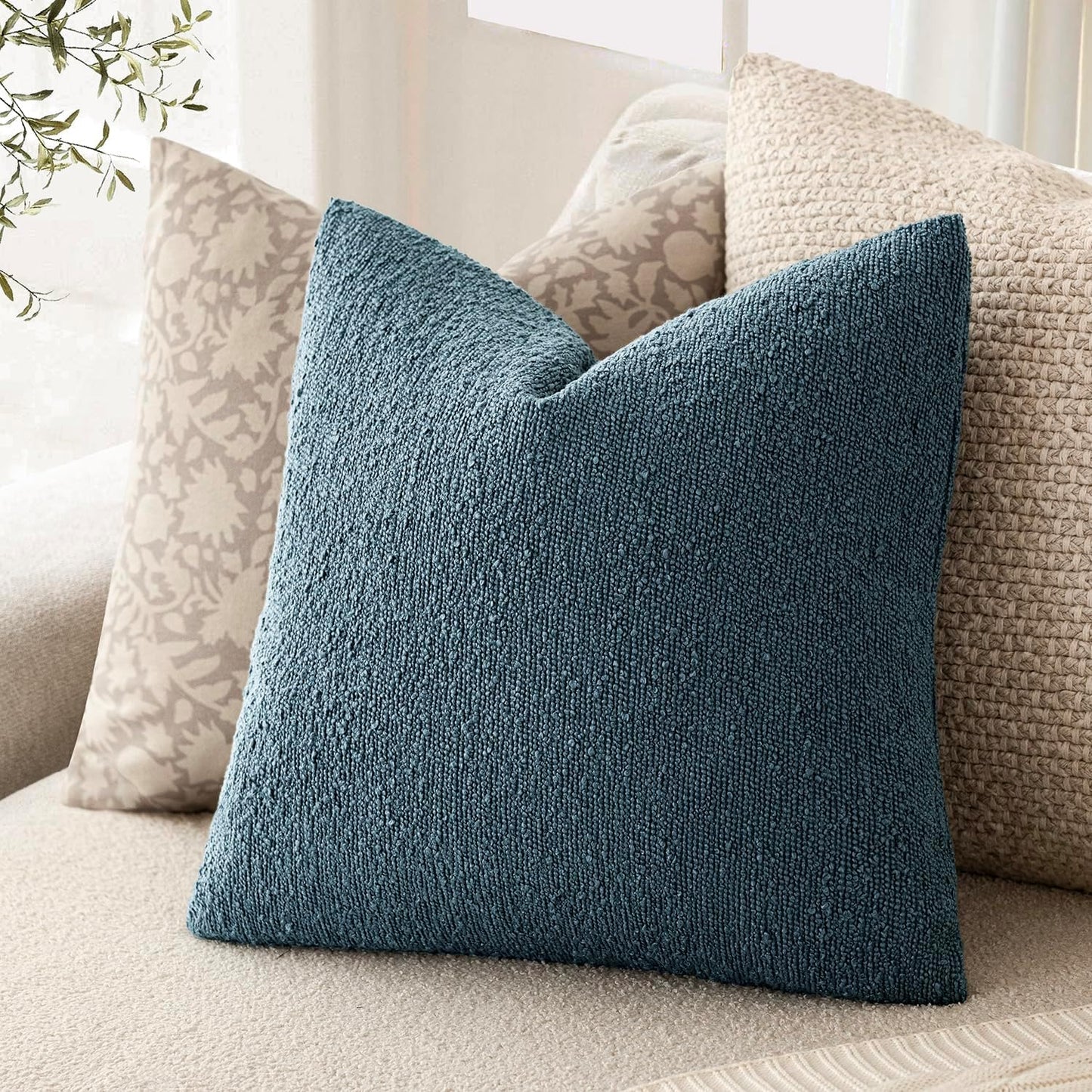 Foindtower Decorative Textured Boucle Throw Pillow Covers Accent Solid Pillow Cases Neutral Soft Cozy Couch Cushion Case for Chair Sofa Bedroom Living Room Home Decor 22x22 Inch,1PC,Misty Blue