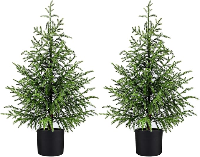 2 Pack 3FT Artificial Topiary Tree Real Touch Norfolk Pine Tree, UV Resistant Artificial Pine Outdoor Plants for Front Porch Decor, Fake Greenery Outdoor Plants Realistic Faux Indoor Tree