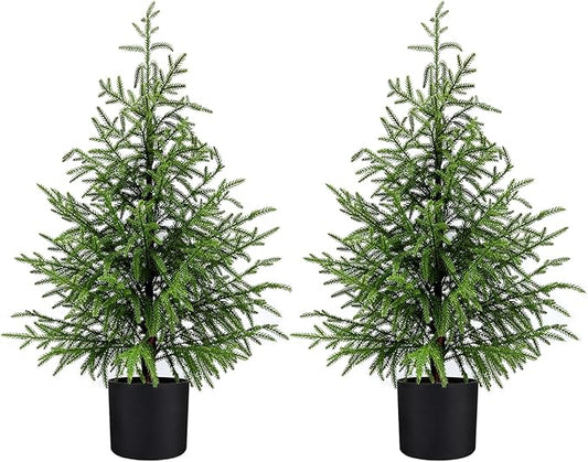 2 Pack 3FT Artificial Topiary Tree Real Touch Norfolk Pine Tree, UV Resistant Artificial Pine Outdoor Plants for Front Porch Decor, Fake Greenery Outdoor Plants Realistic Faux Indoor Tree
