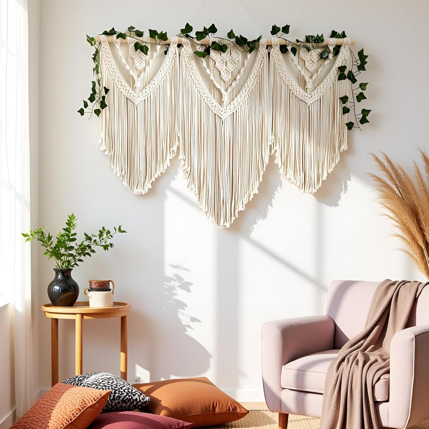 guzhiou large macrame wall hanging - Boho Tapestry Macrame Wall Decor Art- Chic Bohemian Handmade Woven Tapestry Home Decoration for Bedroom Living Room Apartment Wedding Party - 43"x32" (with Ivy)