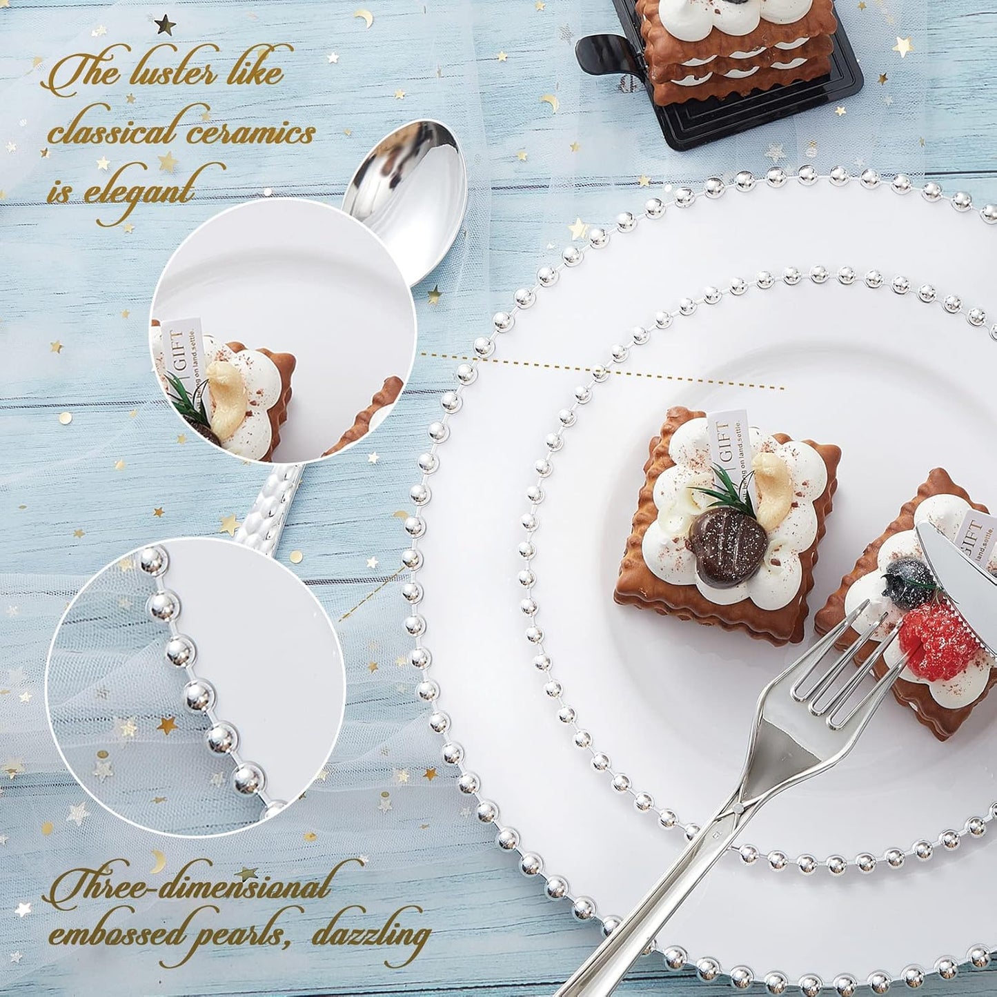 HOMIP 75Pcs Fancy Disposable Dinnerware Party Set, 15 Dinner Plates 15 Dessert Plates with Silver Bead Rimed, 15 Silver Spoons, 15 Knives, 15 Forks, Plastic Silverware for Wedding Birthday Party