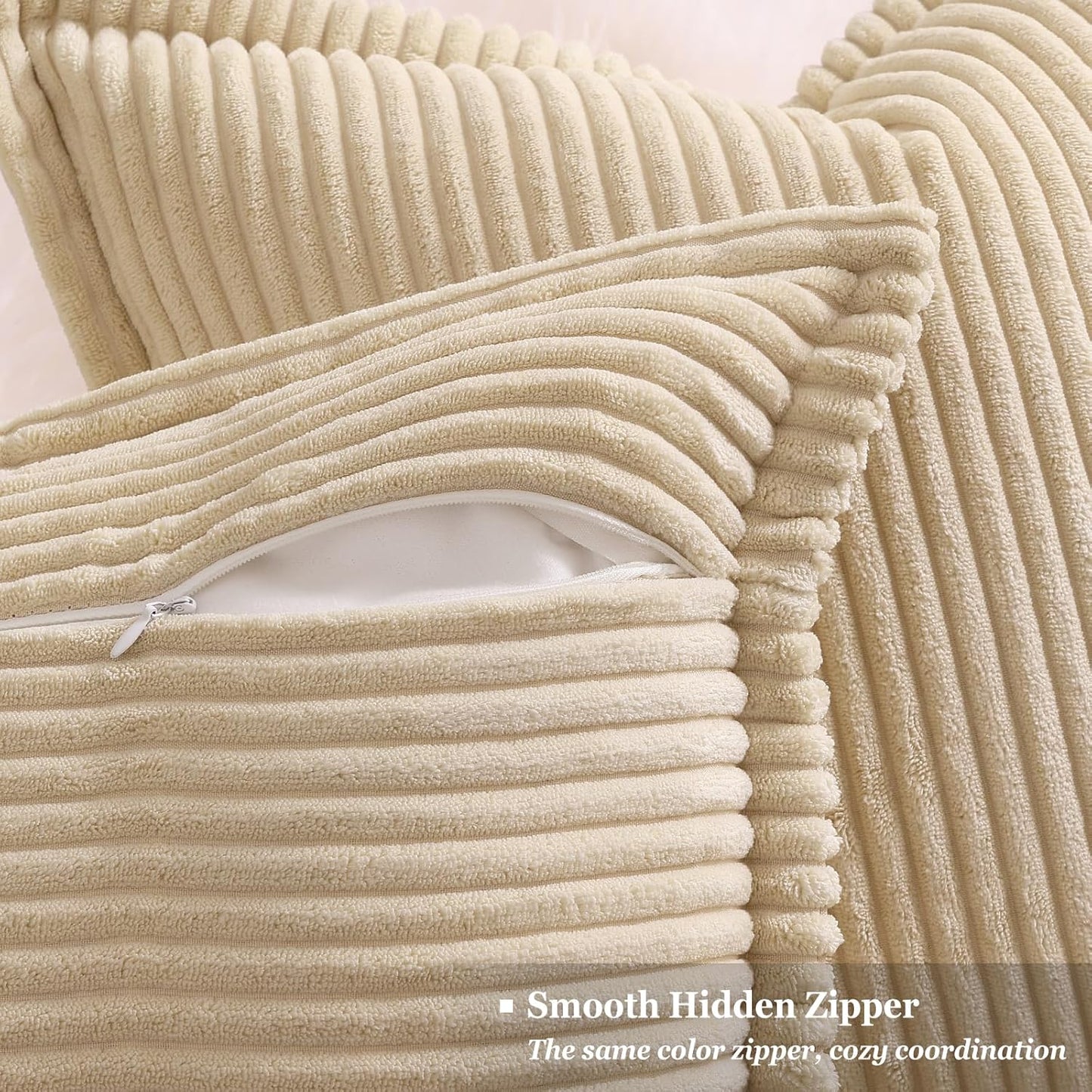 decorUhome Corduroy Beige Throw Pillow Covers 22x22 Set of 2 Decorative Soft Boho Farmhouse Euro Couch Pillow Covers for Living Room Bed Sofa Broadside Striped Pillow Cases