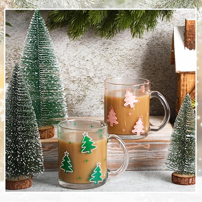 Tioncy Christmas Tree Coffee Mugs with Handle 12oz Christmas Tree Glass Cup Holiday Mugs Winter Christmas Iced Coffee Cup for Xmas Home Office Gifts