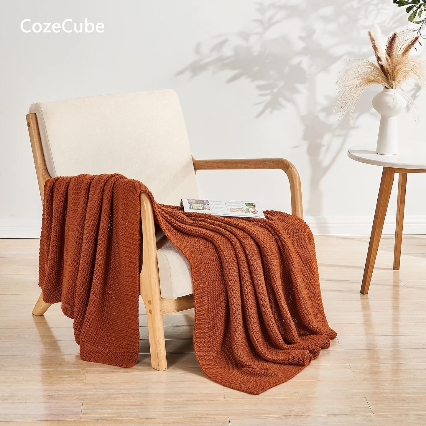 CozeCube Orange Throw Blanket for Couch, Soft Cozy Cable Knit Throw for Bed Sofa Living Room, Lightweight Warm Decorative Farmhouse Christmas Blanket, 50"x60", Burnt Orange
