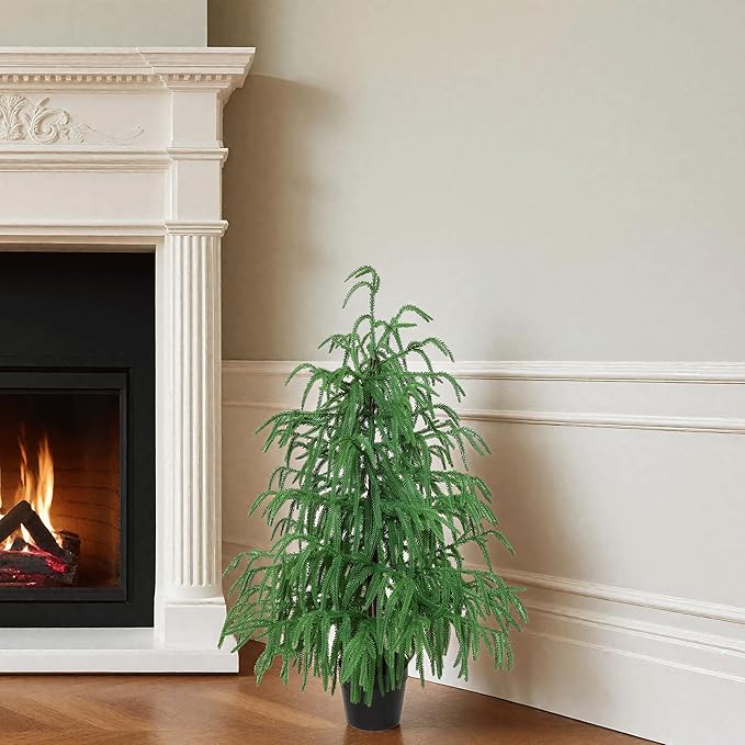 2pcs 24in Artificial Norfolk Pine Tree Tabletop Christmas Tree Decoration Outdoor Indoor Home Decor