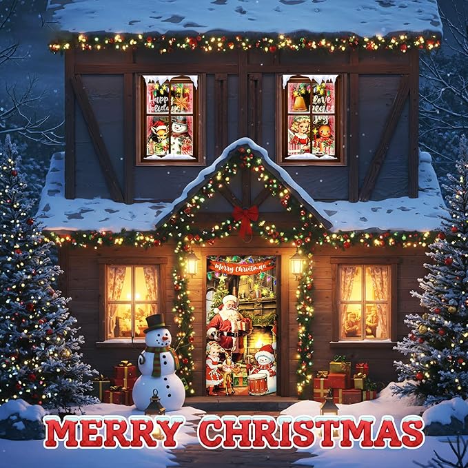 Tioncy 3 Pcs Merry Christmas Door Decorations Set 71" x 35" Christmas Door Cover 47" x 32" Window Cover Santa Claus Reindeer Snowman Gingerbread Bell Pattern Porch Banner Indoor Outdoor Decoration