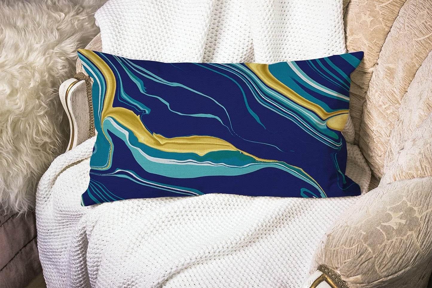 Marble Texture Pillow Cover,Yellow Blue Green Golden Fluid Marble Hipster Ink Luxury Elegant Colorful Cotton Linen Throw Pillow case Cushion Cover for Sofa Home Decorative Oblong 12x20 Inches