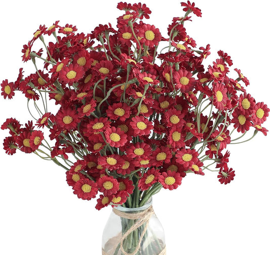 Floroom 24pcs Burgundy Small Artificial Flowers Faux Silk Daisies Fake Wildflowers with Stems for DIY Red Wedding Bouquets Floral Arrangements Party Decor Centerpieces Decorations (Vase Not Included)