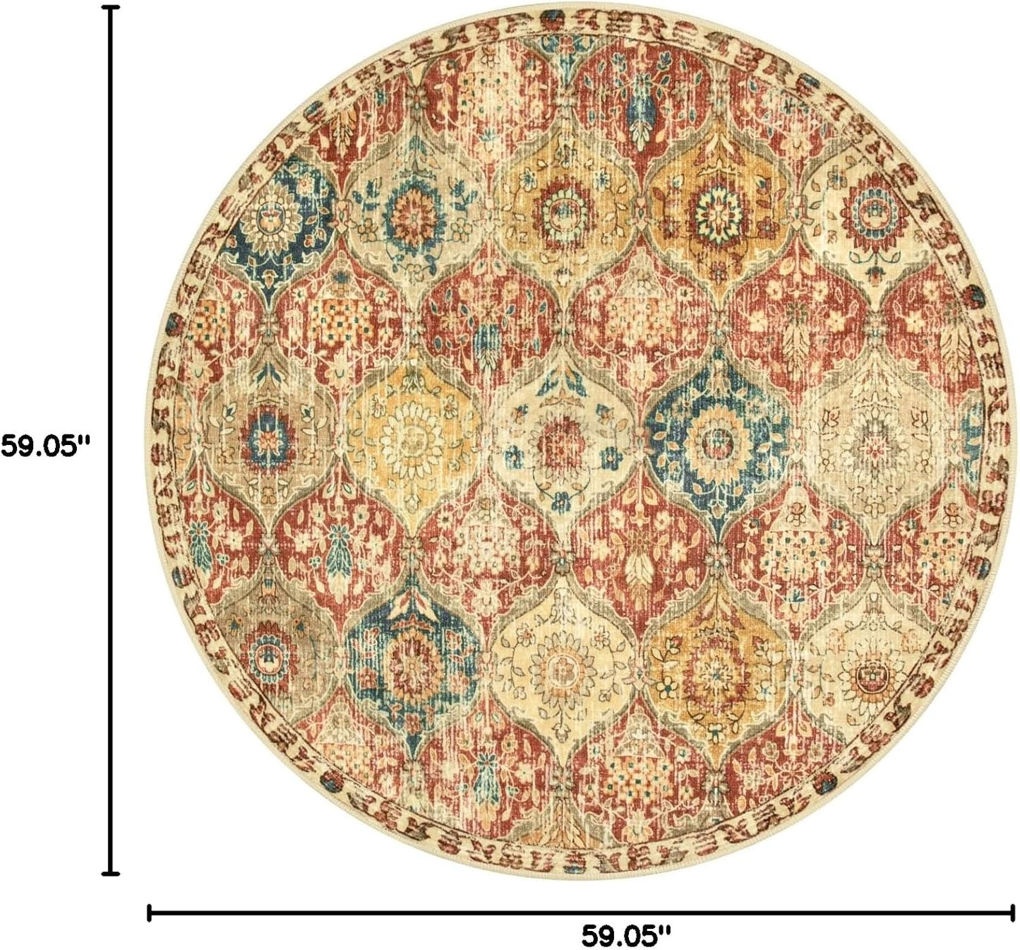 Lahome Moroccan Trellis Washable Round Area Rug, Round Rug 5ft Soft Non-Slip, Non-Shedding Distressed Circle Carpet for Bedroom Living Room Bathroom Nursery Kitchen, Red/Orange
