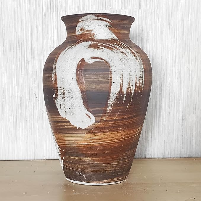Rustic Brown Vase - 10" Handmade Brown and White Farmhouse Terracotta Vase, Unique Boho vase, Decorative Neutral Vases Home Decor, Vintage Ceramic Flower vases for Living Room, Kitchen Decor