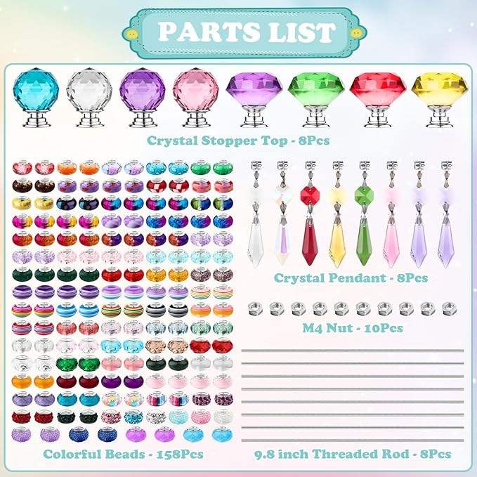 UFU 192Pcs DIY Fairy Wand Beaded Garden Stakes Kit, Fairy Wands Kit with Sparkling Crystal Pendants, Suitable for Different Holidays Garden Stakes Decorative Outdoor Beadable Items(10IN)