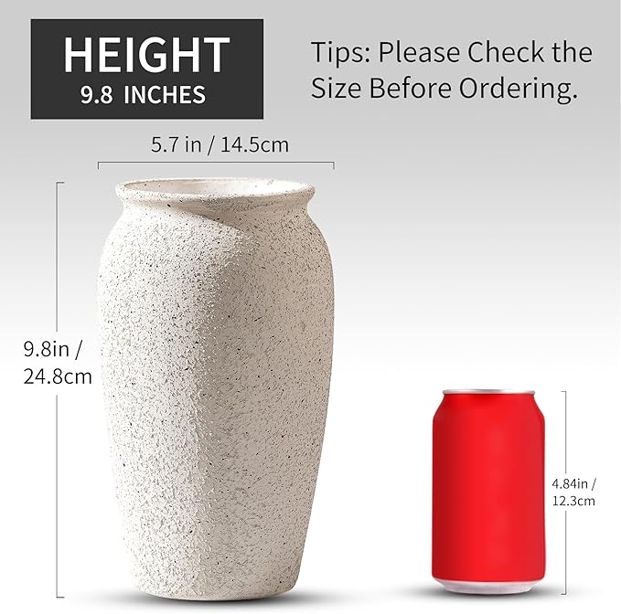 Rustic Farmhouse Flower Large Ceramic Vase, Vintage Pampas Grass Vase, White Modern Decorative Ceramic Flower Vase for Home Decor, Table, Living Room Decoration, Shelf Decor, Mantel, 9.8 Inch