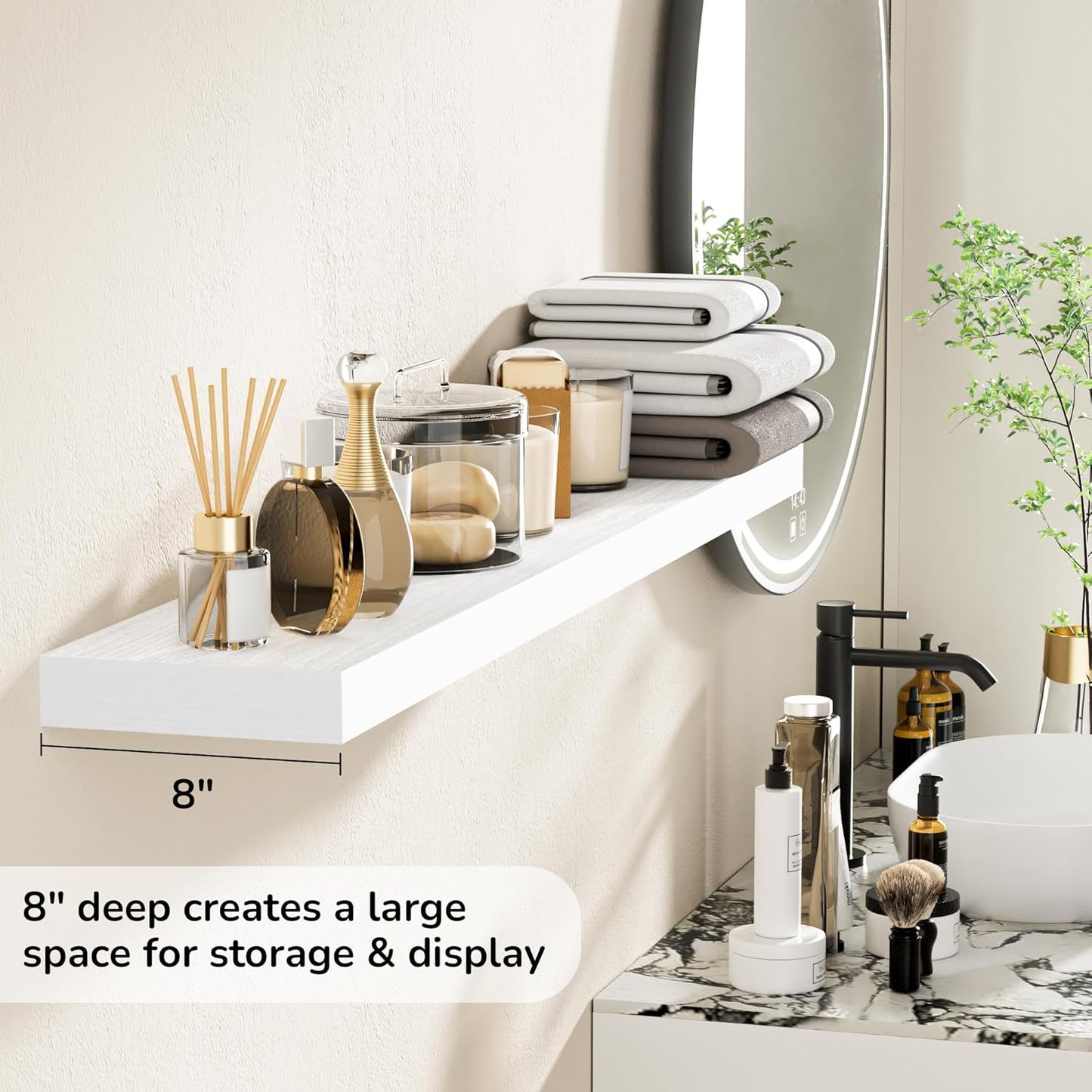 Fun Memories 48 Inch Floating Shelves - Fireplace Mantel Shelf - Deep Wall Mounted Wood Storage Shelf for Bedroom, Kitchen, Farmhouse - 1 Pack, Rustic White