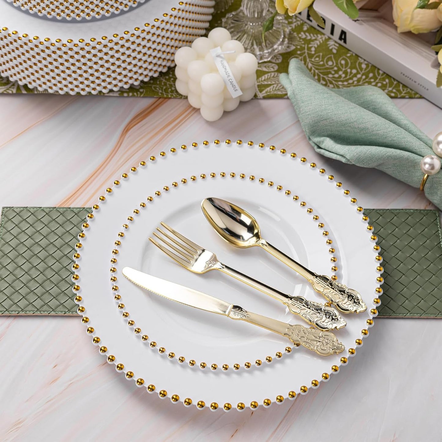 HOMIP 75Pcs Gold Plastic Dinnerware Set - Pearl-Beaded Rim Plates & Baroque Forks, Spoons, Knives, Perfect for Elegant Wedding, Banquet & Party