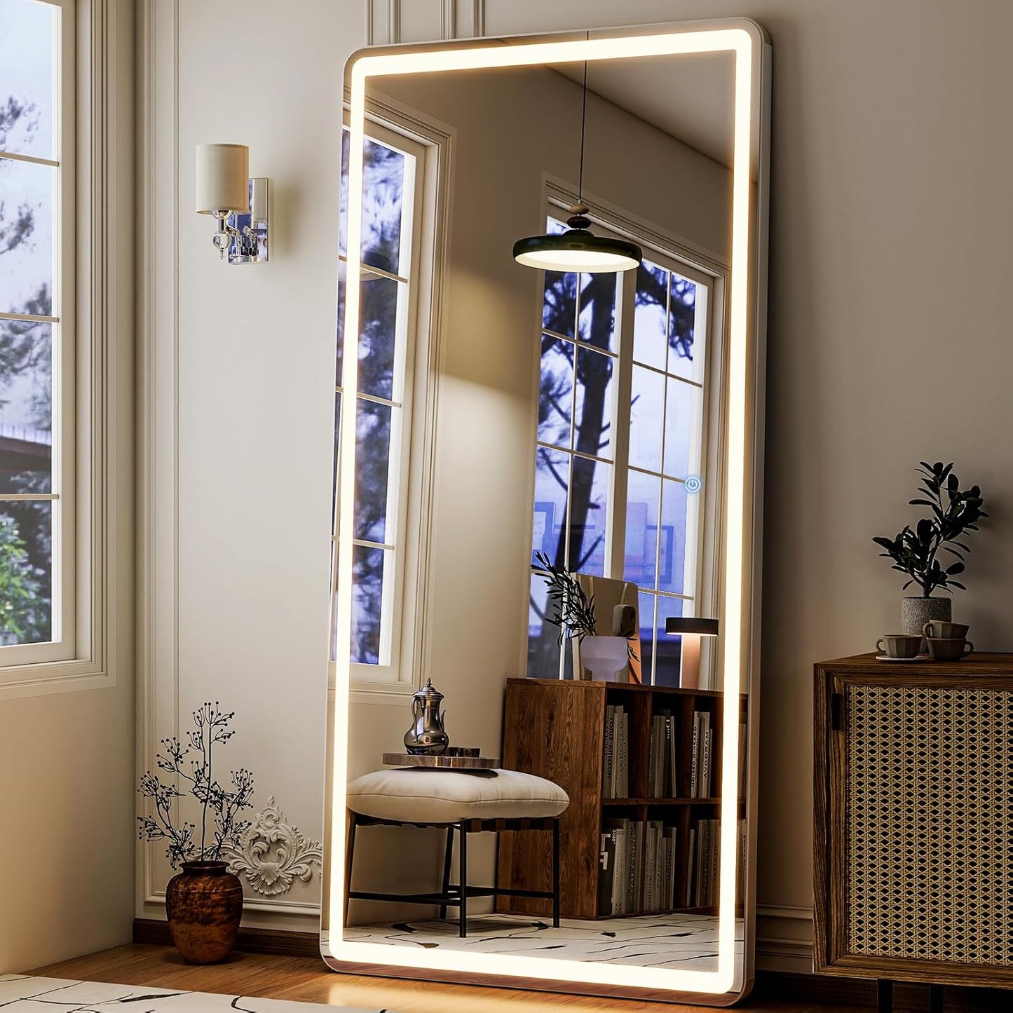 GLSLAND 65x26 LED Mirror Full Length, Aluminum Alloy Floor Mirrors with Lights, 3 Color Lighting & Dimming for Bedroom Decorative Wall Mounted, White