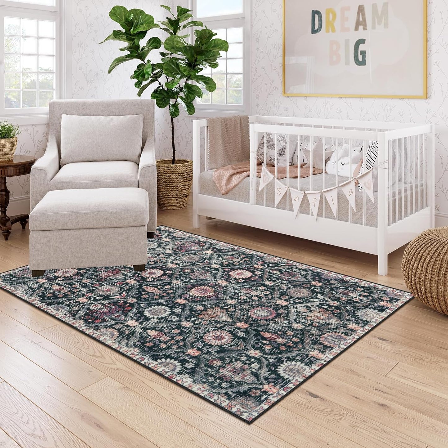 Lahome Moroccan Machine Washable Rugs for Living Room, 4x6 Rug for Bedroom Non-Slip Vintage Trellis Ultra-Thin Throw Carpet for Dining Room Office Nursery, Black/Multi