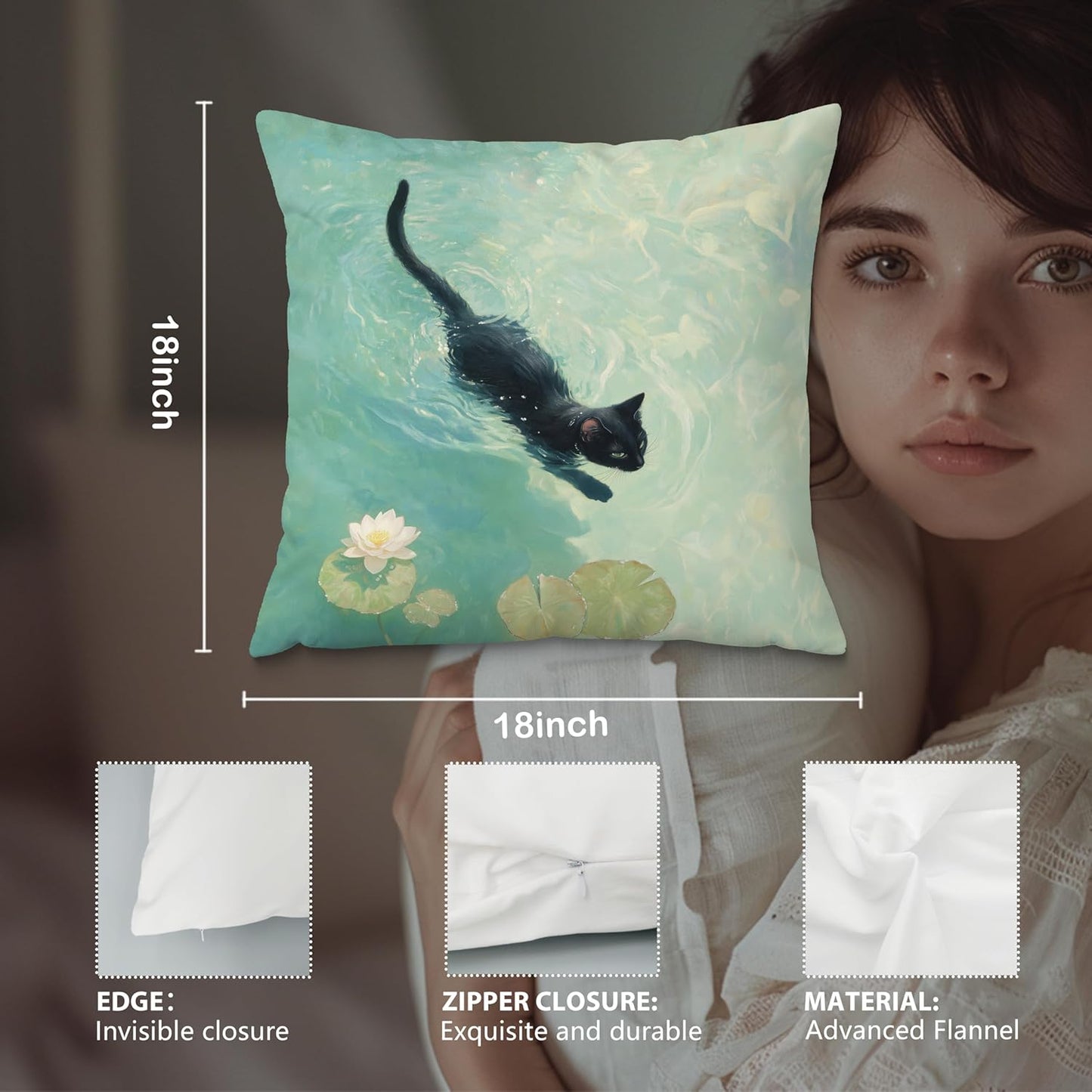 Black Cat Art Painting Throw Pillow Covers 18x18, Aesthetic Cats Decor Pillow Covers for Room Bedroom, Elegant Swimming, Black Cat Decor, Cats Lovers Lady Mom Grandma Gifts