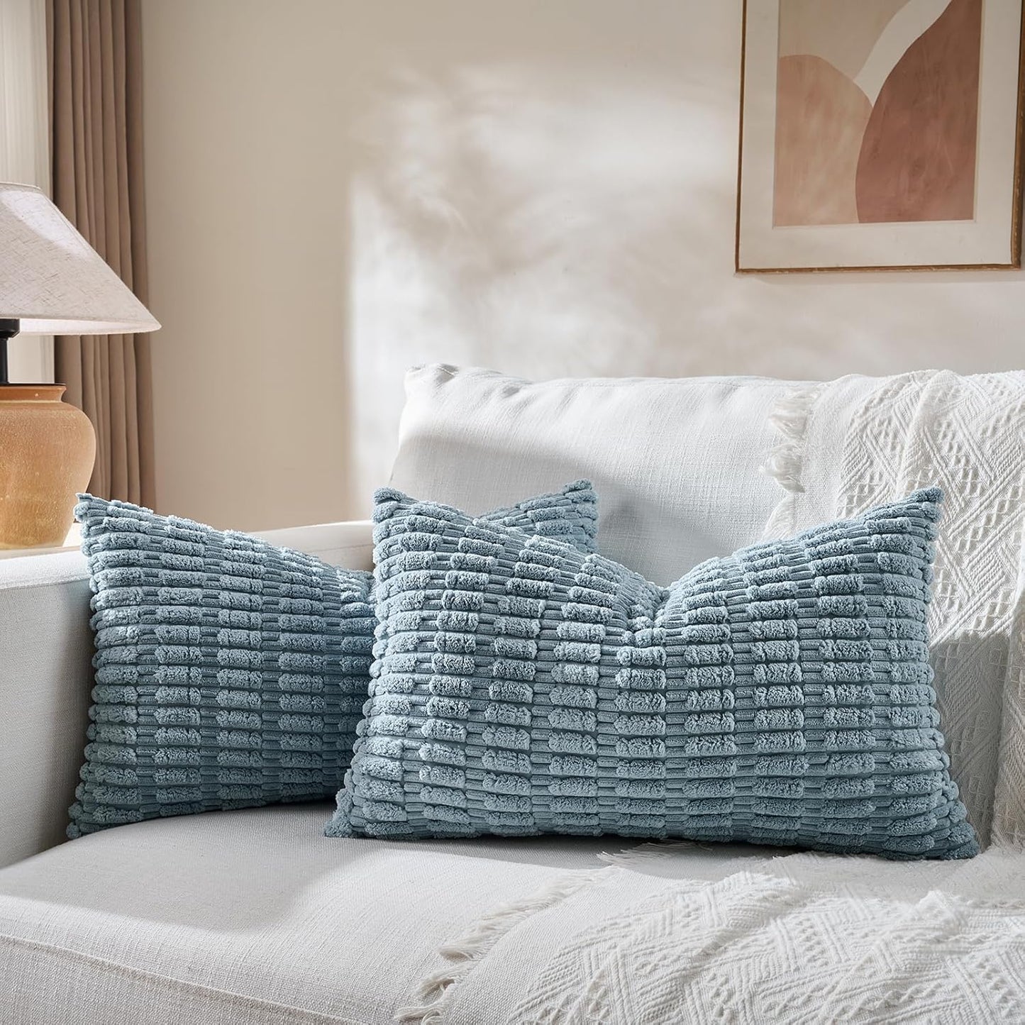 Fancy Homi 1 Pack Boho Light Blue Decorative Throw Pillow Covers 12x20 Inch for Couch Bed Sofa, Rustic Modern Farmhouse Home Decor, Soft Plush Corduroy Cute Rectangle Cushion Case 30x50 cm