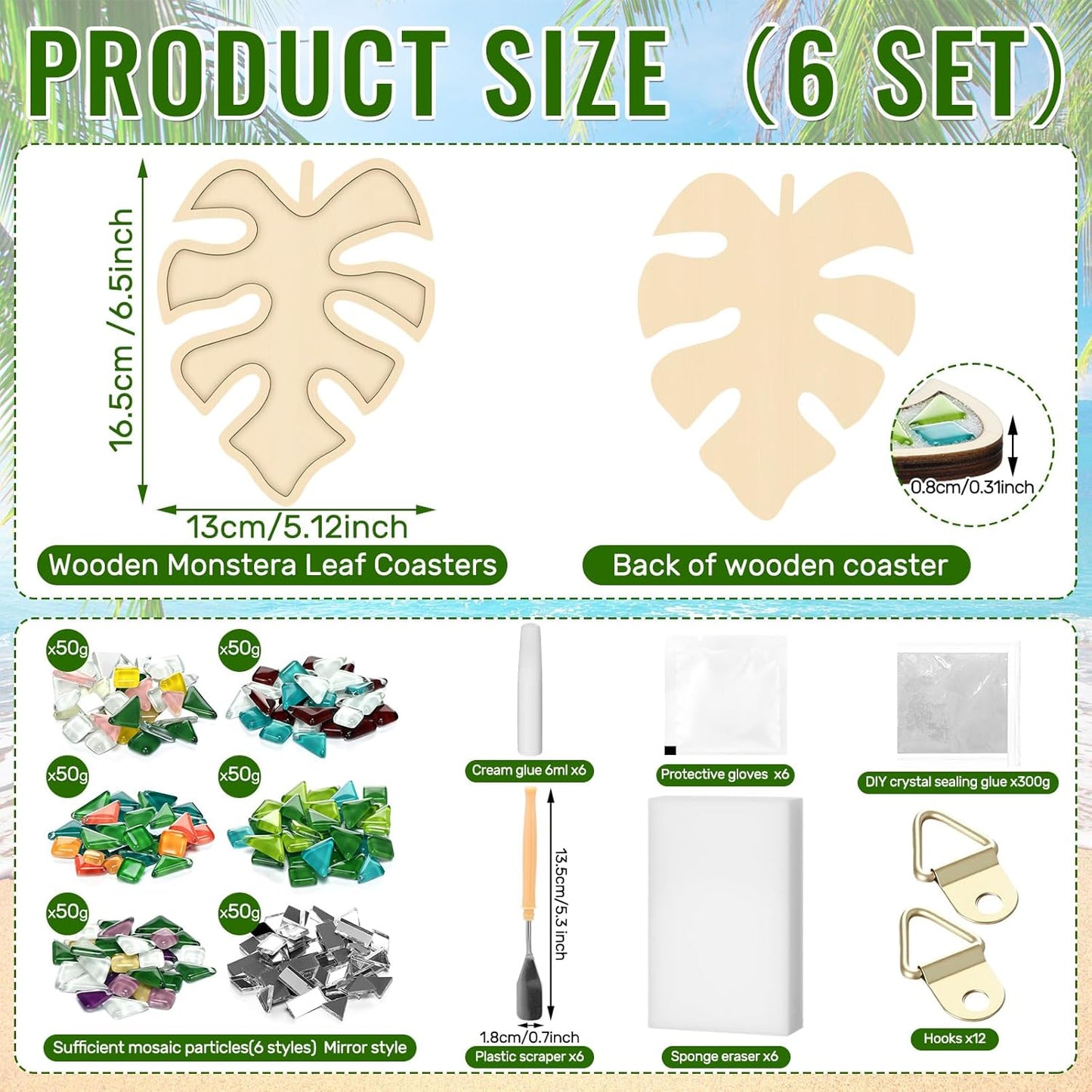 Honeydak 6 Sets DIY Leaves Glass Mosaic Tiles with 6 Sets Leaves Wooden Coasters Making Mosaic Crafts Materials Package Mixed Stained Glass Kit for Handmade Colourful Home Gifts Indoor Decor