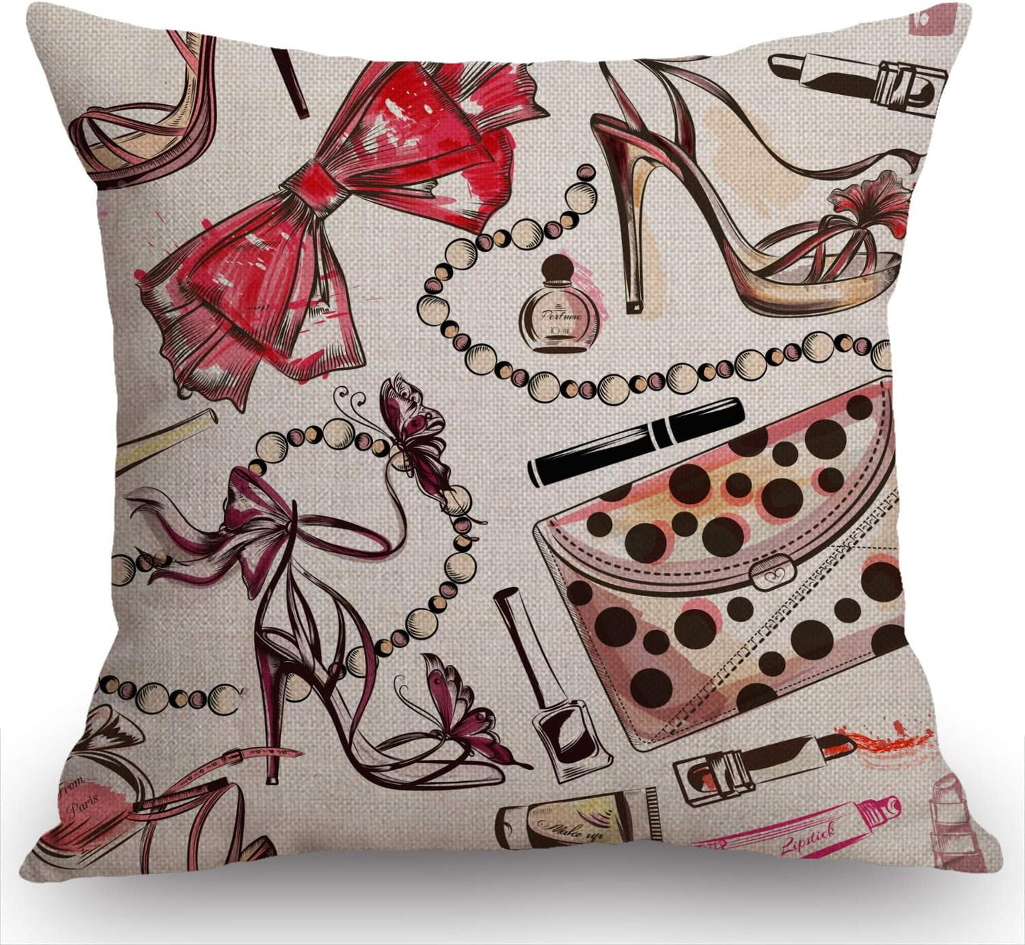 Fashion Cosmetics Pink Hand Drawn Female Shoes Lipstick Perfume Farmhouse Style Decorative Throw Pillow Cover Cushion Case for Sofa Couch Housewarming Present Home Decor Cotton Linen 18" x 18" Inch