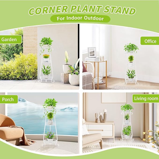 KMOTASUO 3 Tier Metal Plant Stand Indoor, 34 Inch Tall Corner Plant Stands for Indoor Plants, Flower Pot Holder Shelf Display Rack for Balcony Garden Patio Living Room(White)