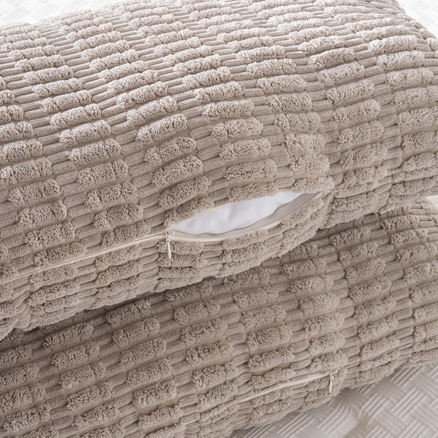 Fancy Homi Taupe Long Lumbar Decorative Throw Pillow Covers 14x36 Inch for Bed Couch Bed Sofa, Rustic Farmhouse Boho Room Decor, Soft Striped Corduroy Rectangle Cushion Case 35x91 cm