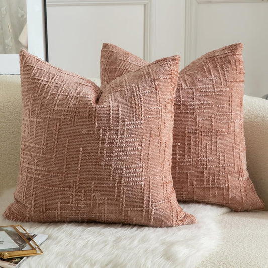 MANDIOO Pack of 2 Soft Chenille Textured Throw Pillow Covers Square Accent Solid Decorative Cushion Cover Cozy Farmhouse Pillow Case for Couch Sofa Bed Living Room 18x18 Inch Dusty Pink