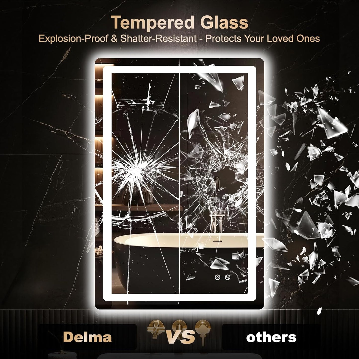 Delma LED Bathroom Mirror with Lights, 36x24 Vanity Mirror for Bathroom Wall, Anti-Fog, Dimmable, Front Lit & Backlit, Memory Function, Shatterproof Tempered Glass, 3 Color Modes(Horizontal/Vertical)