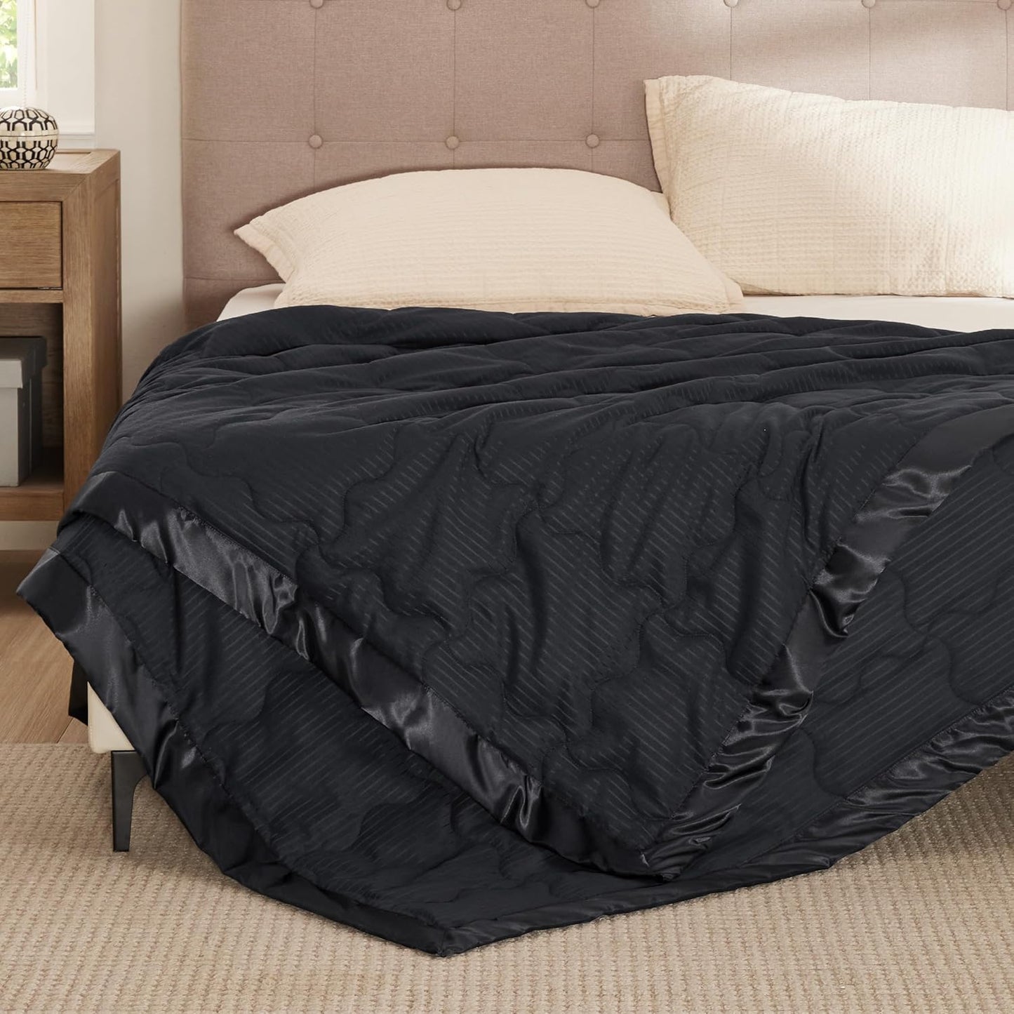 Bedsure Lightweight Blanket for Summer Queen Size - Down Alternative Blanket with Satin Trim for Bed, Light Summer Throw Black, 90x90 Inches