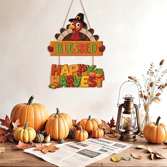 Thanksgiving Turkey Door Hanging,Autumn Turkey Shape Door Decor,Happy Harvest Wooden Sign,Fall Bless Harvest Wall Plaque,Thanksgiving Hanging Sign,Give Thanks Wall Sign for Farmhouse Home Room