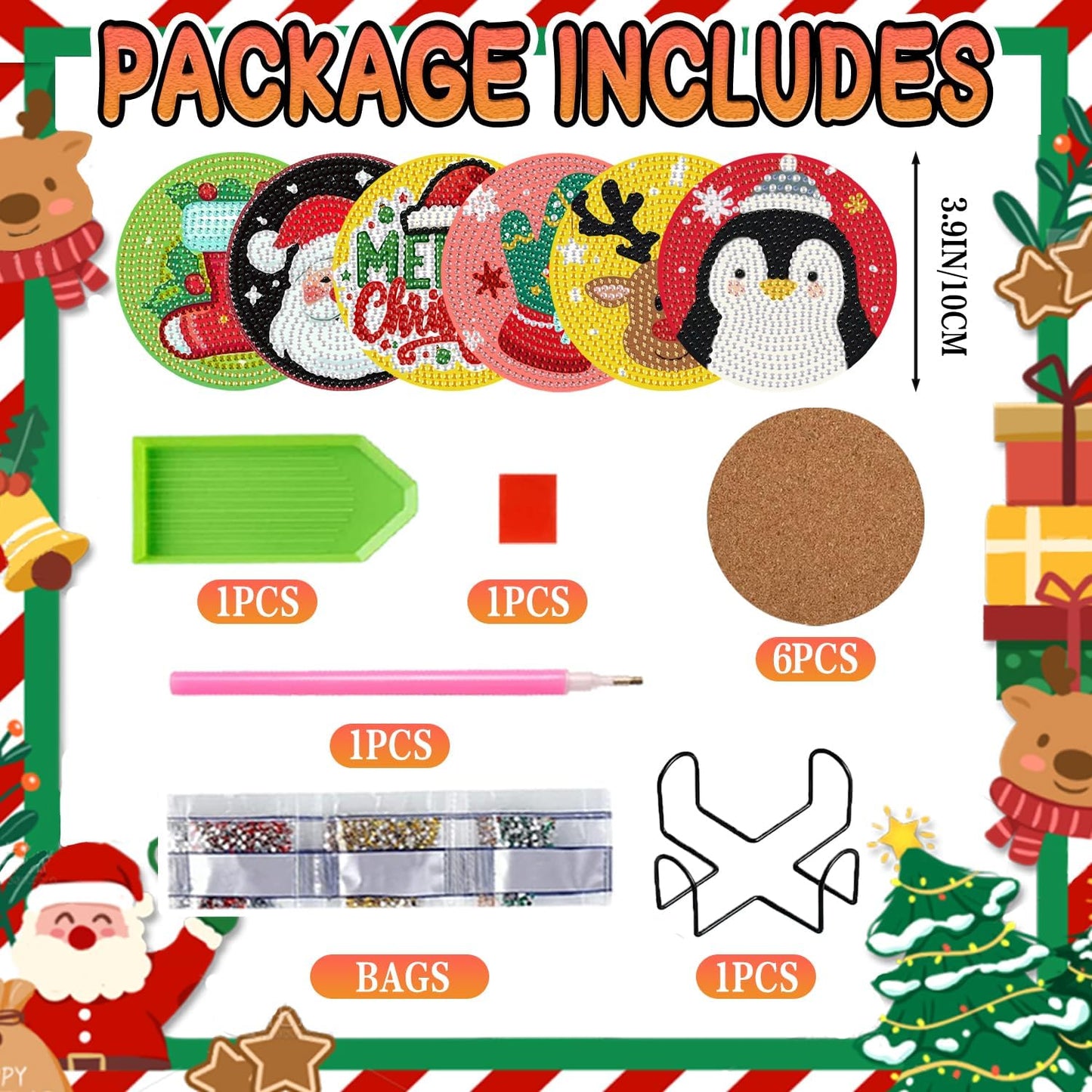 DOZEEZOP 6 PCS Christmas Diamond Art Coasters Kit, Diamond Painting Coasters with Holder, Fall Diamond Art Kits for Adults Beginners, Arts and Crafts Supplies Cute Cartoon