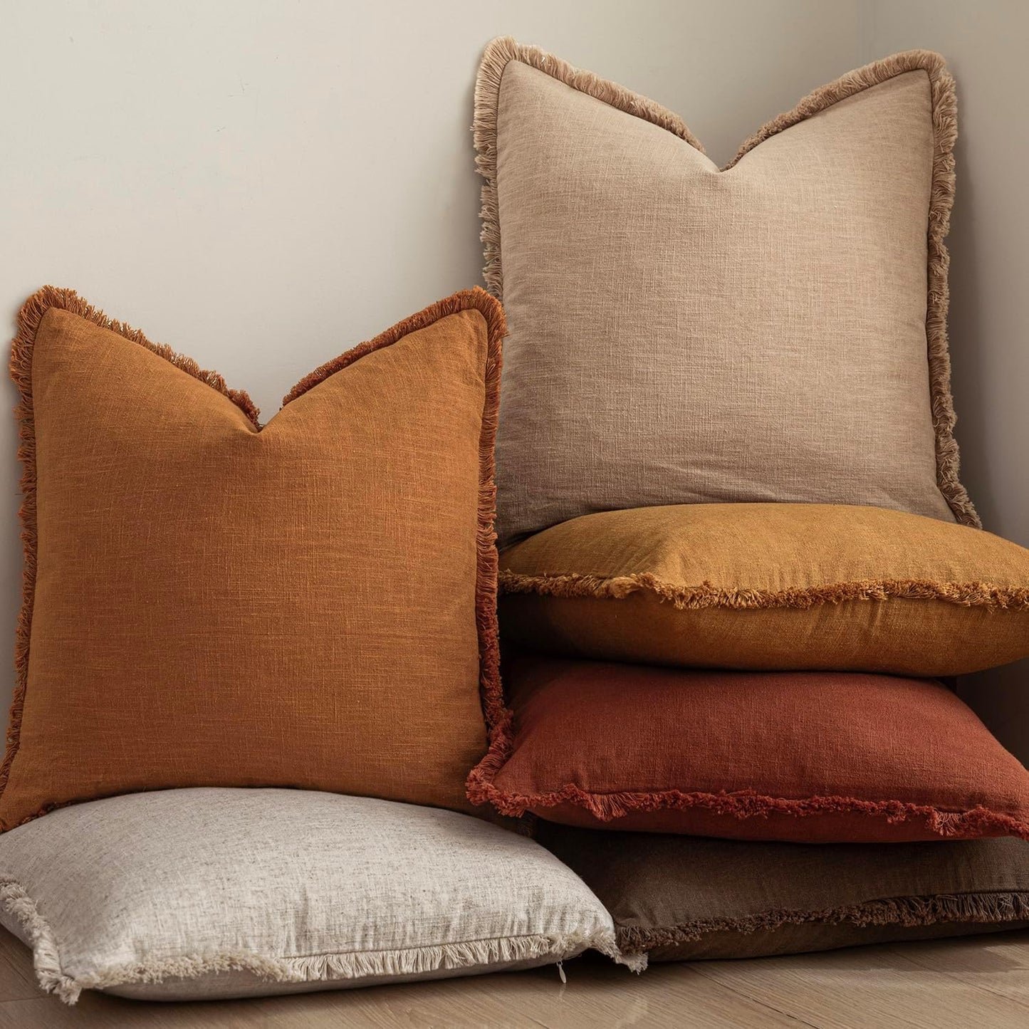 Foindtower Decorative Linen Fringe Throw Pillow Covers Cozy Boho Farmhouse Cushion Cover with Tassels Soft Accent Pillowcase for Chair Sofa Bed Living Room Home Decor, 16×16 Inch,1PC,Orange