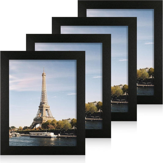 iRahmen 8x10 Picture Frame Set of 4, Black Wooden Frame with High Definition Glass, 8 x 10 Photo Frames for Tabletop Display and Wall Mounting