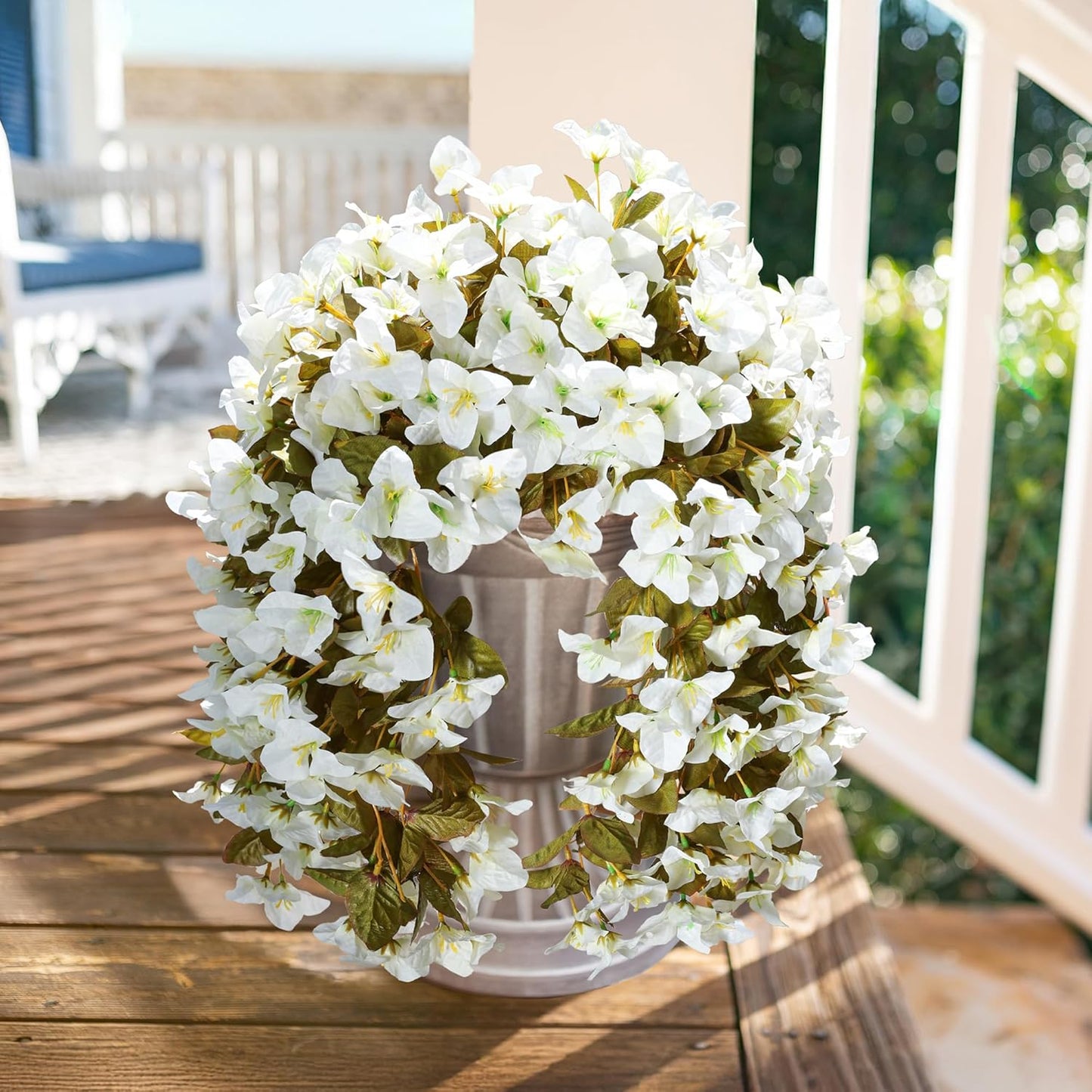 HyeFlora Bougainvillea Artificial Hanging Flowers Plants for Outdoors Winter Decoration, 2pcs Faux Bougainvillea Vines White Fake Flowers Realistic UV Resistant Silk Flowers for Outside Planter Yard