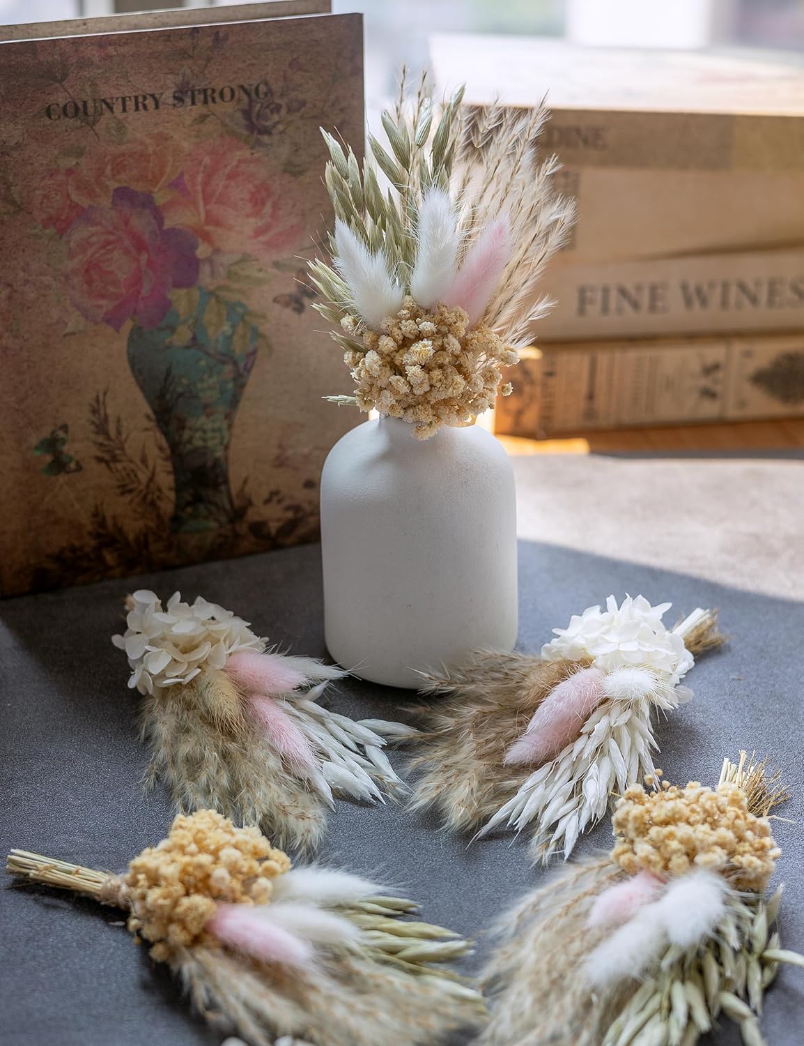 Mini Dried Flower Bouquet (Pack of 6), Dried Pampas Grass, Groom and Best Man Boutonnieres, Dried Cake Flowers, Gift Box Filler, Boho Party Favours..(Blush)